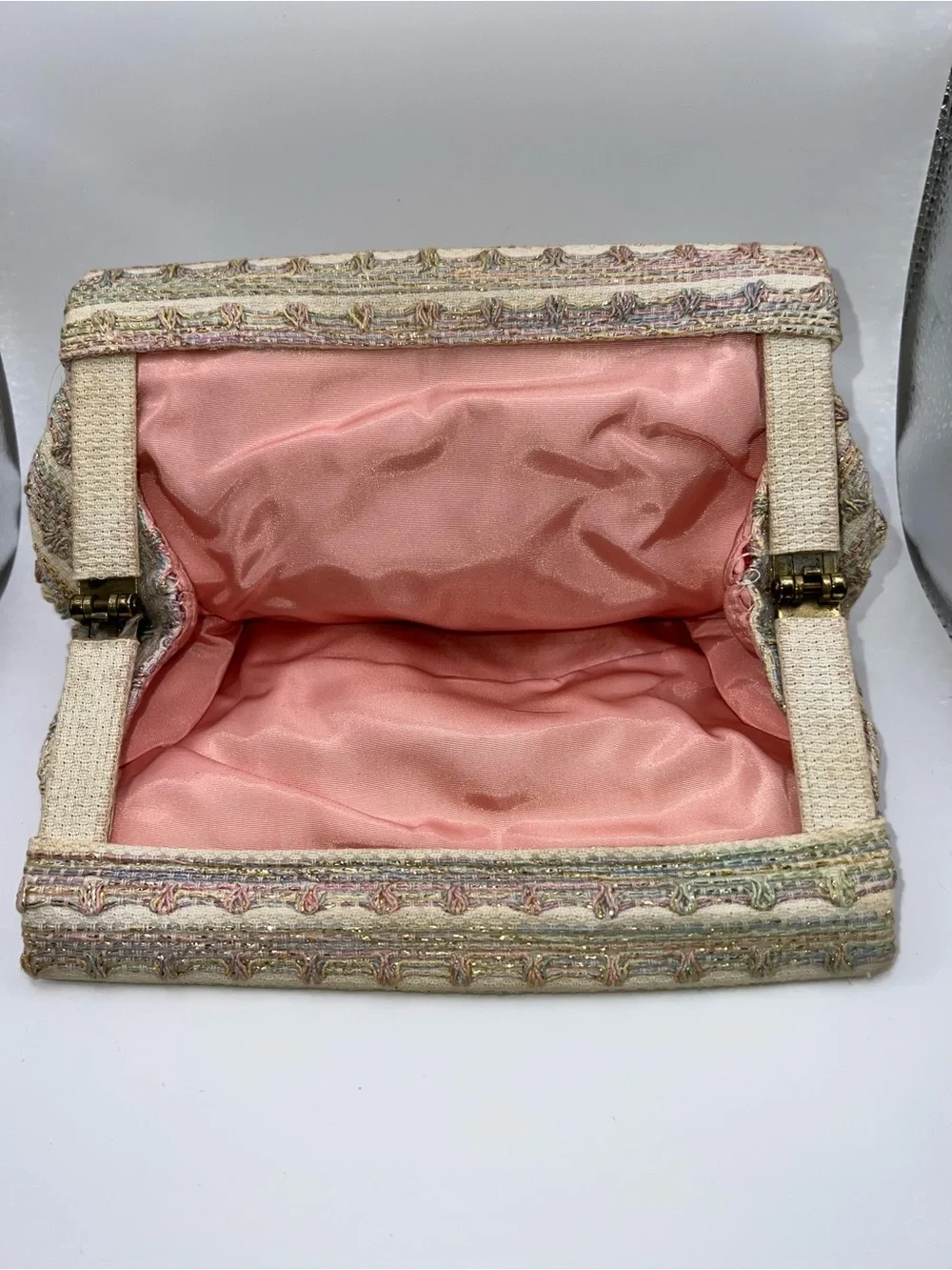 Woven Neutral Striped Evening Clutch - Beige and Gold